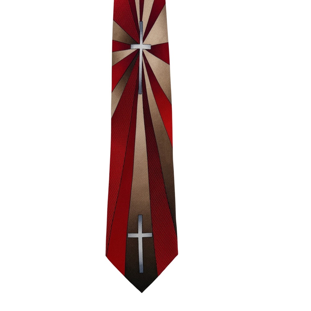 Enrico Capucci Mens Silk Tie Red Brown Silver Cross Religious Sunburst 61x4
